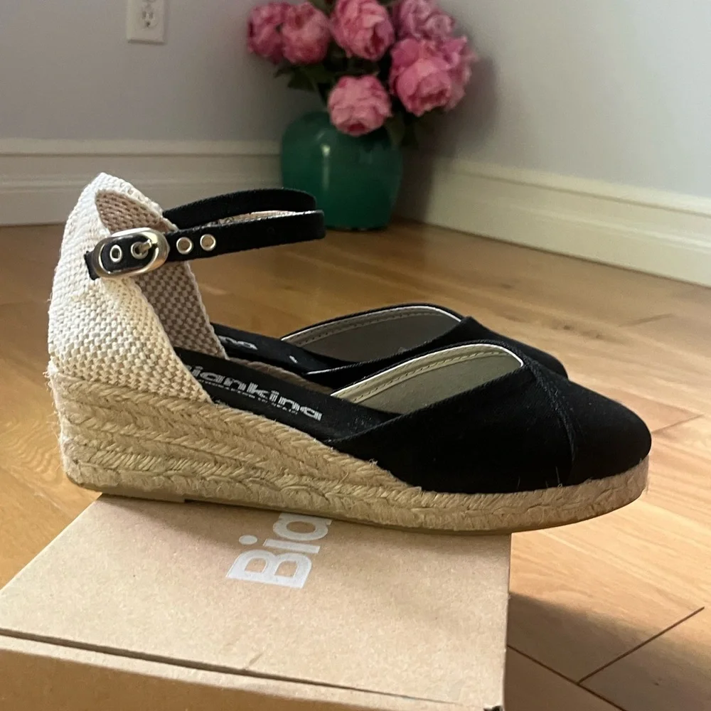 Black Canvas Espadrille Wedge with Ankle Strap
